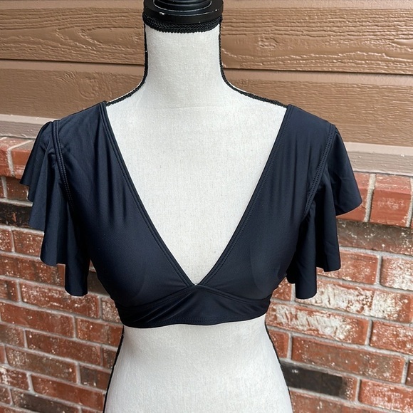 SPORLIKE Ruffle Push-Up Solid Black Bikini Swim Top Women's Size Small - Picture 1 of 5